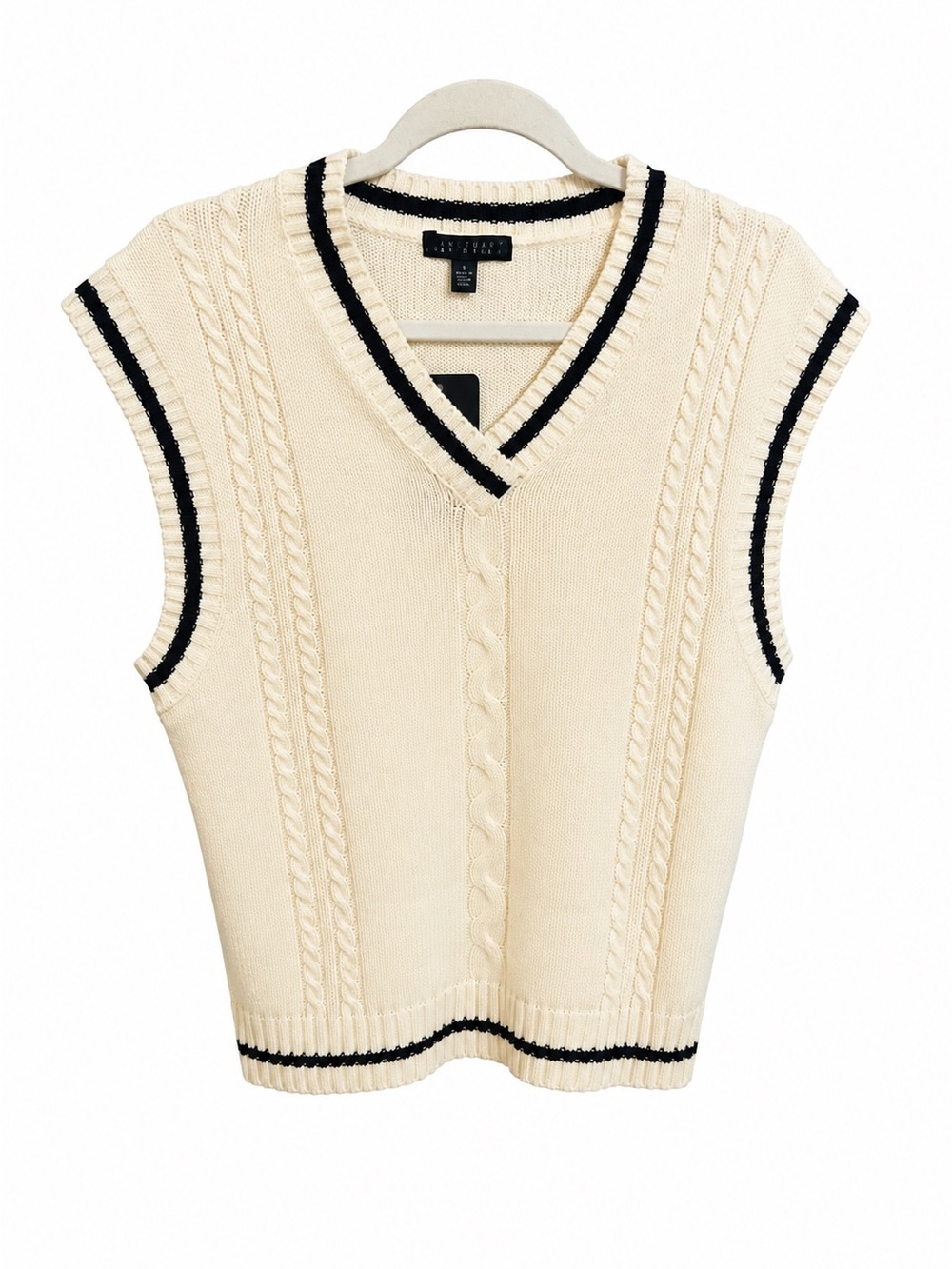 Say What? Cream V-Neck Cable Knit Sweater Vest with Black Trim🩵NWT